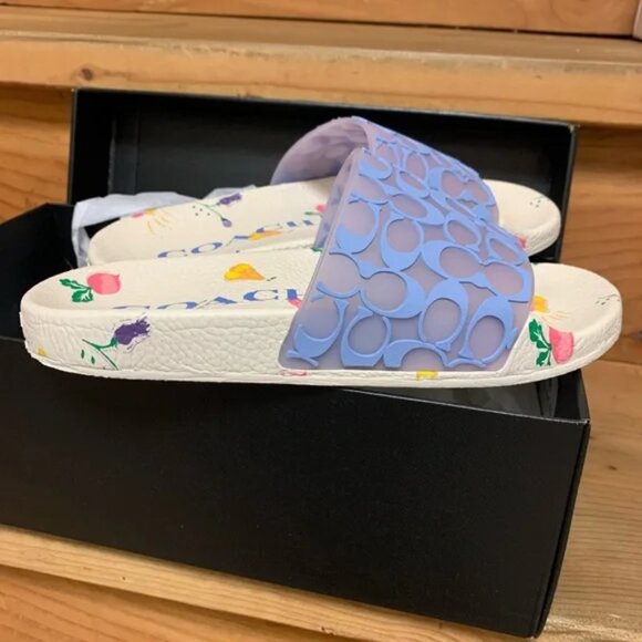 Coach Udele Sport Slides Signature Blue CC's White Floral Bottom Women's 9 NIB - Picture 5 of 5